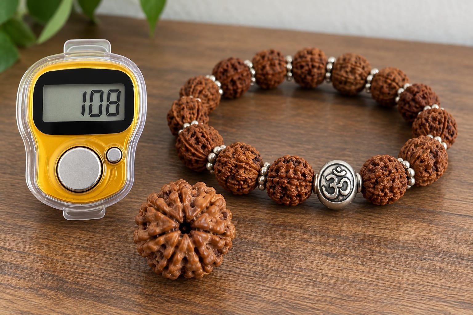 Omkar Jaap Combo with a digital 108 jaap counter, an Om motif Rudraksha bracelet and an individual Rudraksha bead